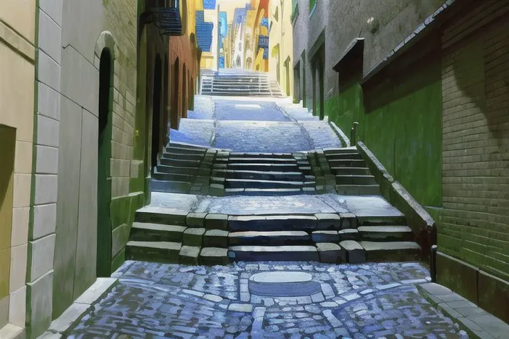 arafed view of a narrow alley with a stone staircase