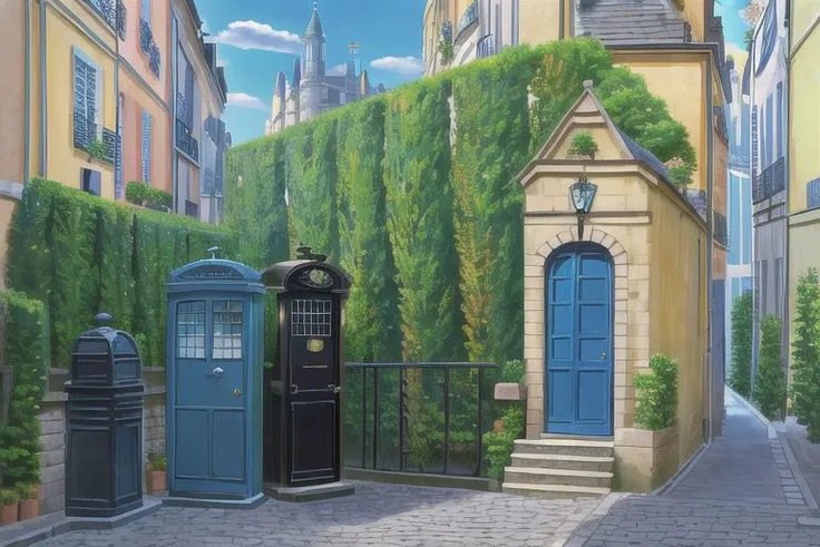 (Best quality, absurdres, high quality, high detail, 8k), (anime screencap), (no humans), Pokemovies, amazingarchitecture,
A small backstreet on a hill in Paris, with an entrance to the subway and a police box on it.