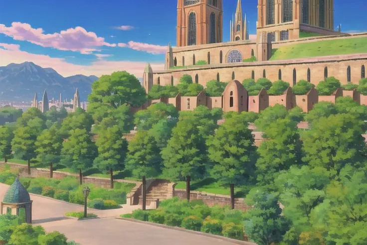 (Best quality, absurdres, high quality, high detail, 8k), (anime screencap), (no humans), Pokemovies
An old city of brick and stone buildings nestled in the shadow of a mountain, with a large cathedral in the center.