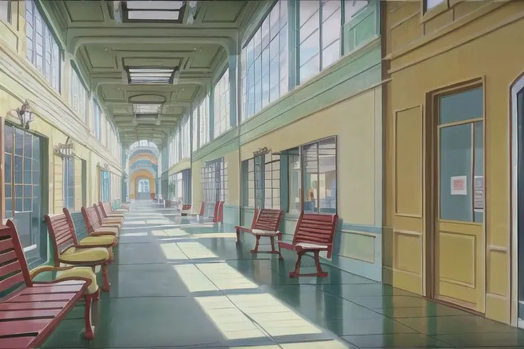 (Best quality, absurdres, high quality, high detail, 8k), (anime screencap), (no humans), Pokemovies
American shopping mall interior, storefronts, wide corridor, planters and benches, skylight,