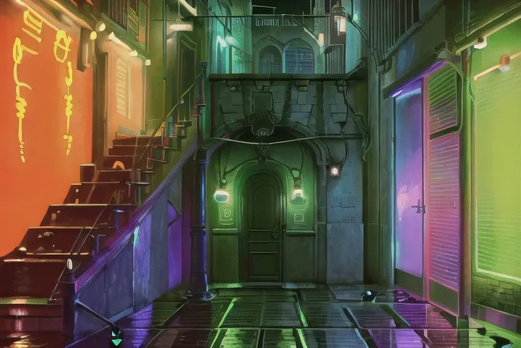 anime - style scene of a neon city street with a neon staircase