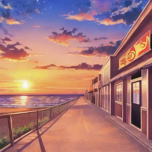 anime - style painting of a restaurant on the beach at sunset