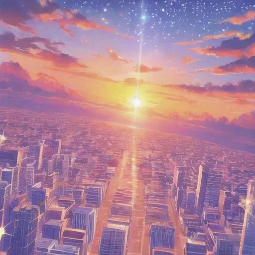 a picture taken from a high rise of a city with a star in the sky