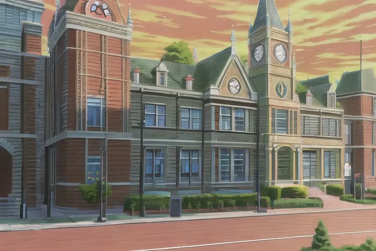 anime picture of a large building with a clock tower on the top