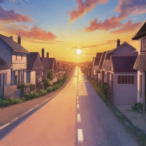 a picture taken from a street with houses and a sunset