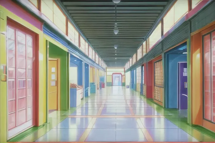 brightly colored doors line a long hallway in a school building