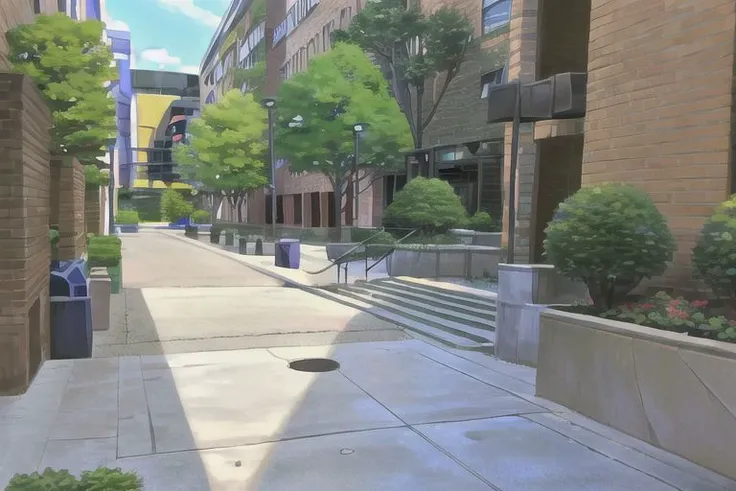 there is a picture of a street with a building and trees