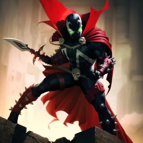 spawn, red cape, chain, skull, weapon, male focus, solo, glowing, sword, spikes, glowing eyes, holding, green eyes, superhero, belt, bodysuit, holding weapon, masterpiece, absurdres, best quality, cowboy shot, sfw <lora:spawn:0.8>