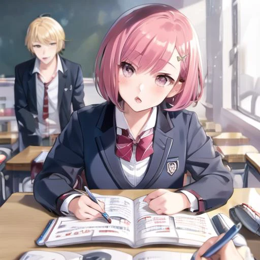 <lora:PovStudy:0.7> PovStudy, 1girl, looking at viewer, blush, short hair, open mouth, bangs, blonde hair, shirt, hair ornament, long sleeves, bow, holding, brown eyes, sitting, school uniform, jacket, white shirt, pink hair, parted lips, multiple boys, ne...