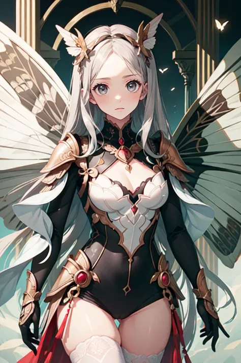 <lora:Moth-Fashion-v1:1> moth, cowboy shot,, ultra detailed, masterpiece, best quality, aesthetic, detailed,, serious, 1girl, (white eyes:1.1), (grey eyes:1.3), white hair, very long hair, parted hair, parted bangs, <lora:parted_hair_v1.3:1.3>, medium brea...