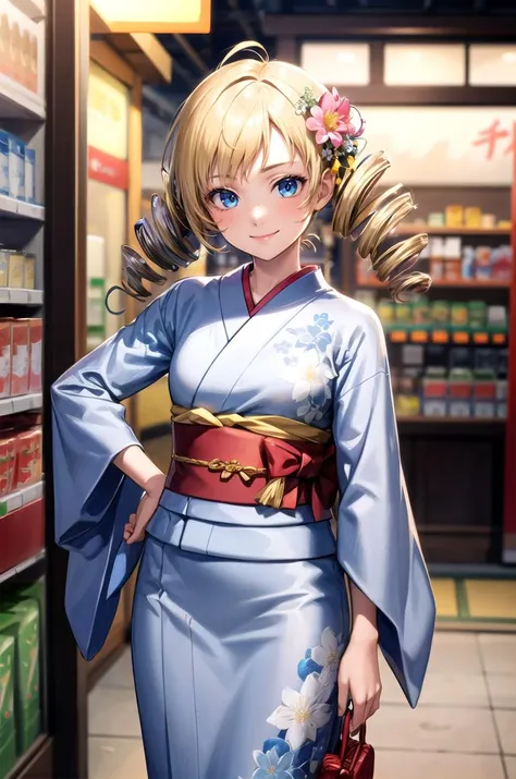 (masterpiece, best quality, detailed), 1girl, solo, looking at viewer, catherine, drill hair,
yukata, kimono, obi, print kimono, japanese clothes, short kimono, hair flower, indoors, convenience store, shop, hands on hips, smile, closed mouth