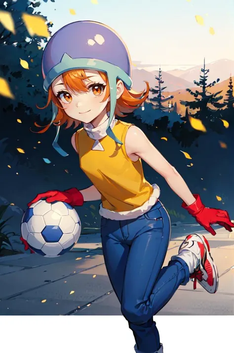 solo, smile, outdoors,   <lora:Sora:1> SoraDef, orange eyes, short hair, orange hair, helmet, yellow shirt, shirt, sleeveless, pants, jeans, red gloves, standing on one leg, soccer ball,, absurdres, ultra detailed, masterpiece, best quality, aesthetic, det...