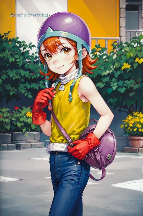 cowboy shot,  solo, smile, outdoors,  <lora:Sora:1> SoraDef, orange eyes, short hair, orange hair, helmet, yellow shirt, shirt, sleeveless, pants, jeans, red gloves,    <lora:Focke_wulf_style_v02:1>, absurdres, ultra detailed, masterpiece, best quality, ae...