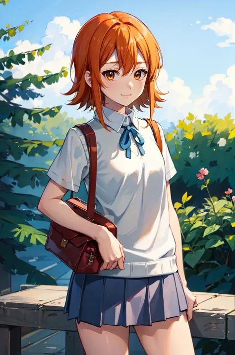 cowboy shot,  solo, smile, outdoors,  <lora:Sora:1> SoraDef, orange eyes, short hair, orange hair,  <lora:SakuragaokaHighSchoolUniform:1> SakuragaokaSummer, sakuragaoka high school uniform, sweater vest, neck ribbon, short sleeves, grey skirt,, absurdres, ...