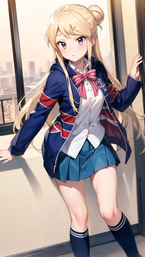 anime girl in uniform posing in front of window with city view