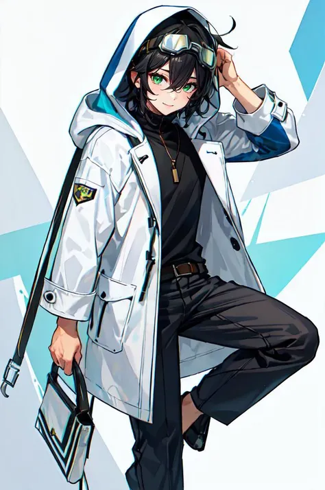 ultra detailed, masterpiece, best quality, solo, <lora:XianYuMiaoCAT-Style-v1:0.75>,
smile,
1boy, green eyes, short hair, black hair, bangs, hair between eyes, messy hair,
goggles on head, headband, white coat, hooded coat, hood down, open coat, turtleneck...