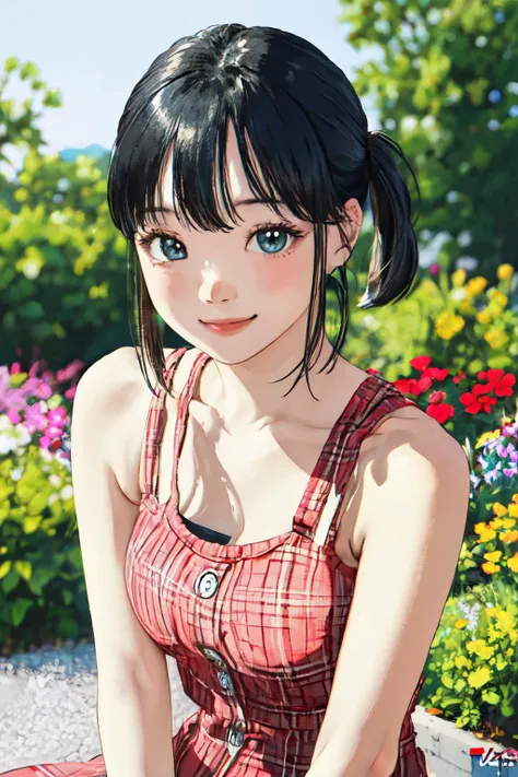 anime girl with black hair and blue eyes sitting on a bench