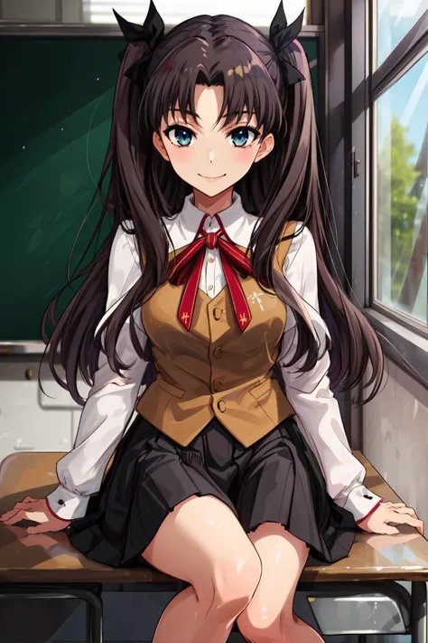 masterpiece,best quality,1girl,tohsaka_rin_alt,homurahara_academy_school_uniform,twintails,smile,sitting,classroom,<lora:tohsaka_rin_altV2:0.6>,