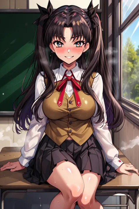 masterpiece,best quality,1girl,tohsaka_rin_alt,homurahara_academy_school_uniform,glowing eyes,constricted pupils,twintails,gigantic breasts,wide hips,thick thighs,naughty smile,blush,sweat,steaming body,sitting,classroom,<lora:tohsaka_rin_altV2:0.6>,