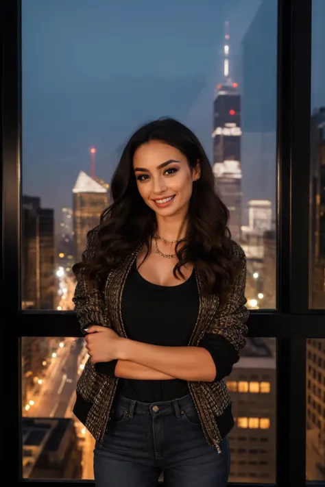 a woman standing in front of a window with a city view