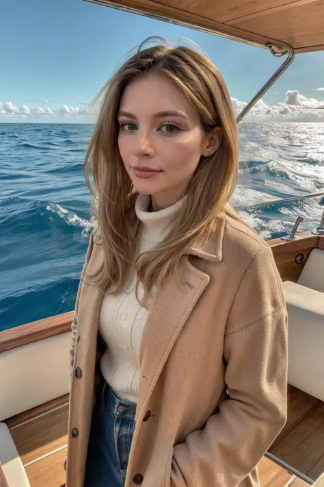 a woman in a coat standing on a boat in the ocean