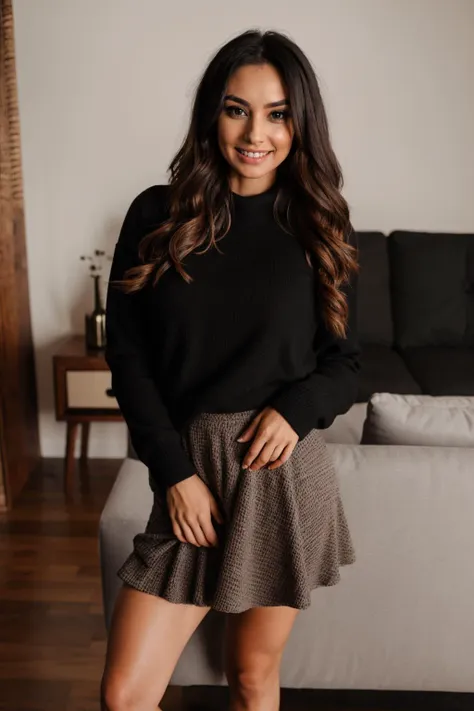 a woman standing in front of a couch wearing a black sweater and a skirt