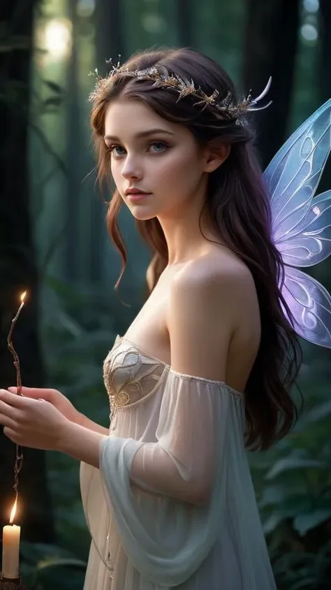 a woman in a fairy costume holding a candle in a forest