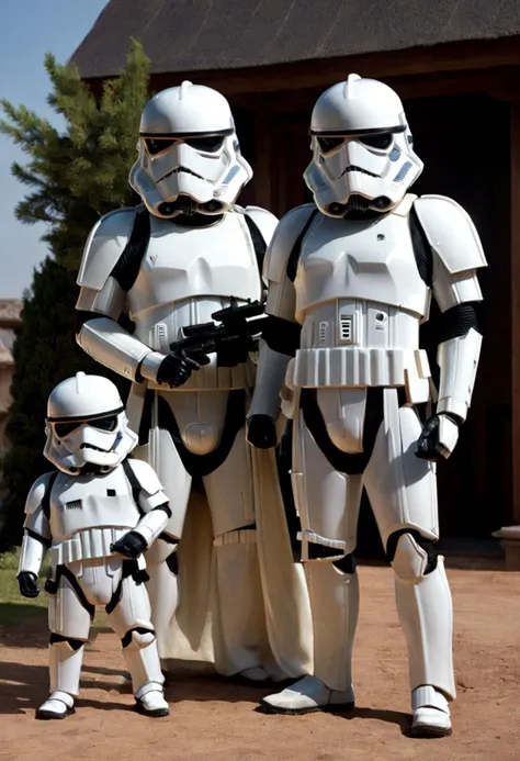 a photo of a stormtrooper mother <lora:sdxl_lora_stormtrooper:1> large family, standing in front of their house, high resolution, beautiful, highest quality, masterpiece, highly detailed