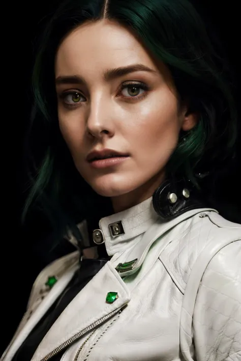 portrait photo of edt,(white shirt and black leather jacket), (green hair), alluring portrait, intricate, highly detailed, digital painting, artstation, concept art, naughty, sharp focus, cinematic lighting, illustration, art by artgerm and greg rutkowski,...