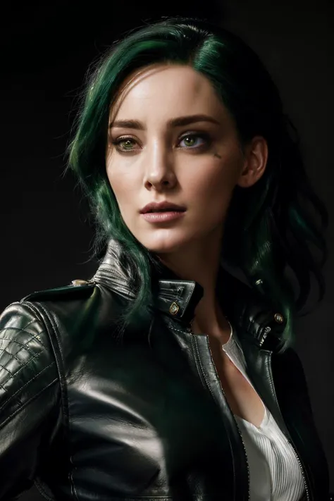 portrait photo of edt,(white shirt and black leather jacket), (green hair), alluring portrait, intricate, highly detailed, digital painting, artstation, concept art, naughty, sharp focus, cinematic lighting, illustration, art by artgerm and greg rutkowski,...