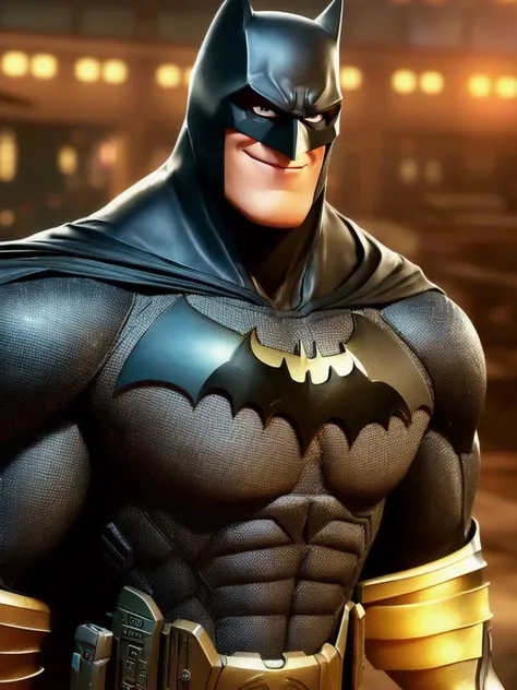 pixarstyle a waist-length portrait of a batman, smile, natural skin texture, 4k textures, hdr, intricate, highly detailed, sharp focus, cinematic look, hyperdetailed