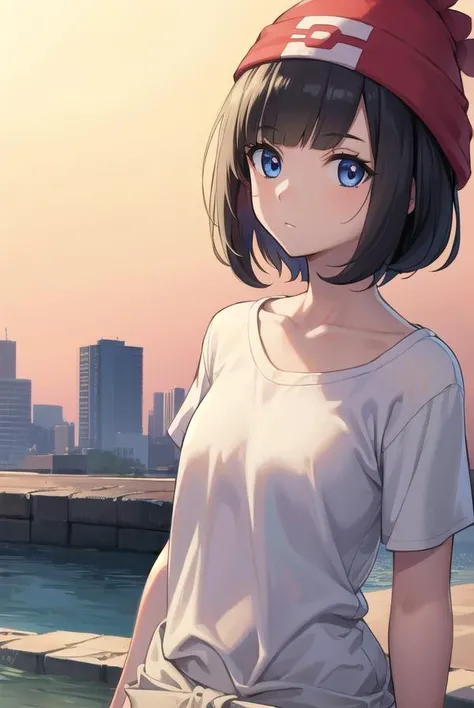 pokemonselene, <lyco:pokemonselene-lyco-nochekaiser:1>,
pokemonselene, black hair, blue eyes, short hair, bangs, blunt bangs, (small breasts:1.2),
BREAK beanie, collarbone, green shorts, hat, red headwear, shirt, short sleeves, shorts, tied shirt, yellow s...