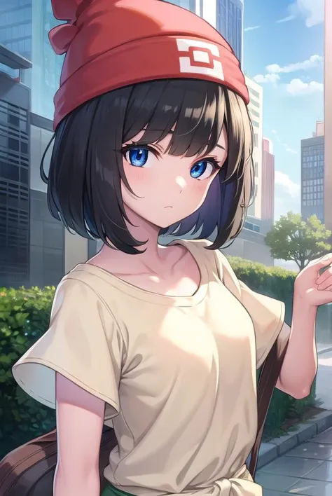 pokemonselene, <lyco:pokemonselene-lyco-nochekaiser:1>,
pokemonselene, black hair, blue eyes, short hair, bangs, blunt bangs, (small breasts:1.2),
BREAK beanie, collarbone, green shorts, hat, red headwear, shirt, short sleeves, shorts, tied shirt, yellow s...