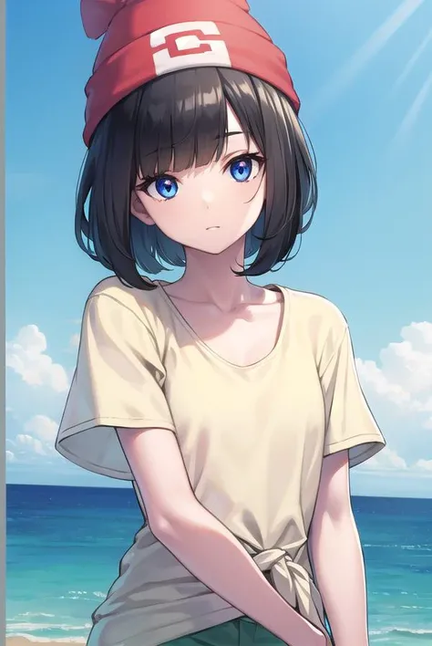 pokemonselene, <lyco:pokemonselene-lyco-nochekaiser:1>,
pokemonselene, black hair, blue eyes, short hair, bangs, blunt bangs, (small breasts:1.2),
BREAK beanie, collarbone, green shorts, hat, red headwear, shirt, short sleeves, shorts, tied shirt, yellow s...