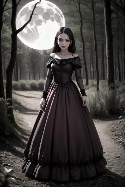 a beautiful vampire walking in the woods. moonlight. ballgown. blood red. <lora:realistic_quality-realistic_quality_leco_-_v1.0:0.7>. detailed skin, skin pores.