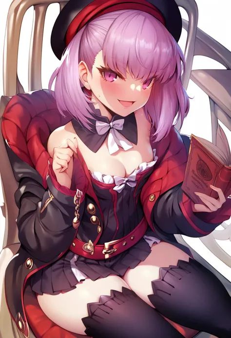 score_9, score_8_up, score_7_up, score_6_up, <lora:MdaStarouXL_P6_lokr_V4312NF:0.95> 1girl, helena blavatsky (fate), breasts, solo, bare shoulders, thighhighs, looking at viewer, purple hair, small breasts, hat, purple eyes, coat, detached collar, black he...