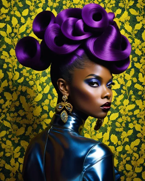 crazy alternate hairstyle, fashion photography, hairstyle inspired by Kehinde Wiley and Virgil Finlay <lora:hair_style:1.0>