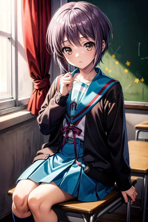 (masterpiece, best quality, detailed), 1girl, solo, ny1, looking looking at viewer, expressionless,
ny1, school uniform, blue sailor collar, serafuku, blue skirt, long sleeves, brown cardigan, open cardigan, indoors, classroom, school desk, window, school ...