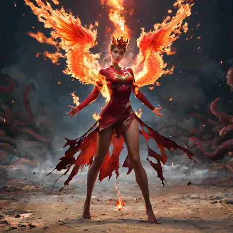 a woman in a red dress with fire wings on her back