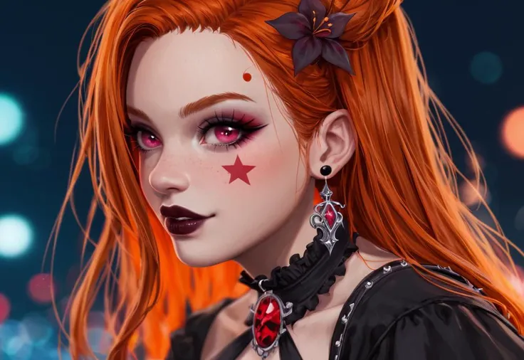 closeup photo of Gothic woman with oversized expressive pink eyes, gothic facial tattoos, gothic baroque jewelry. long glowing Black and red firey hair in the style of Nezuko. Natural light, Bokeh, Angus McBean, score_9, score_8_up, score_7_up