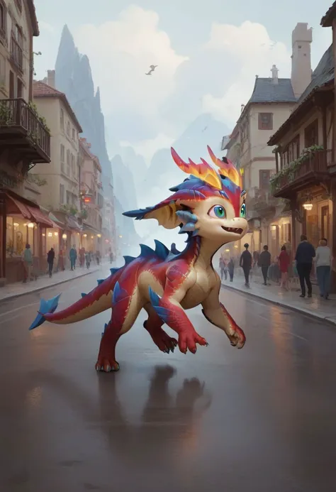 there is a dragon that is walking down the street