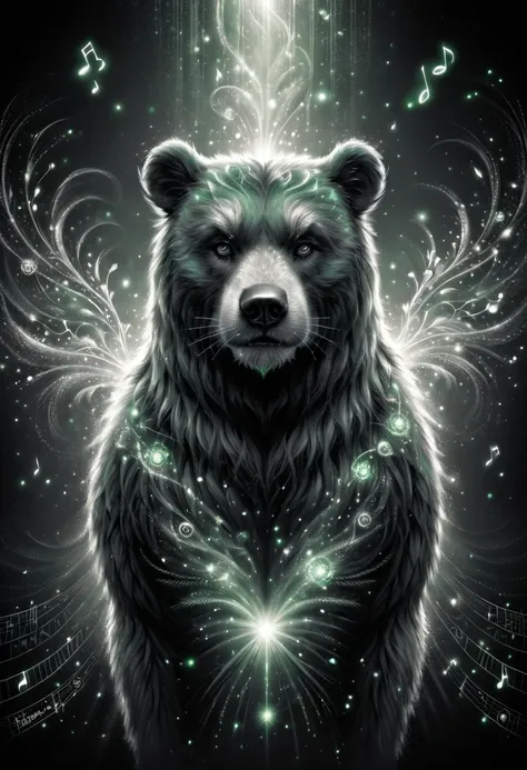 score_9, score_8_up, aesthetic illustration of a cute magical Grizzly Bear in an enchanted wonderland, zealous, beautiful whimsical fantasy art concept, detailed background, glowing particles, monochrome green tones theme, source_anime <lora:DonM50und0fMu5...