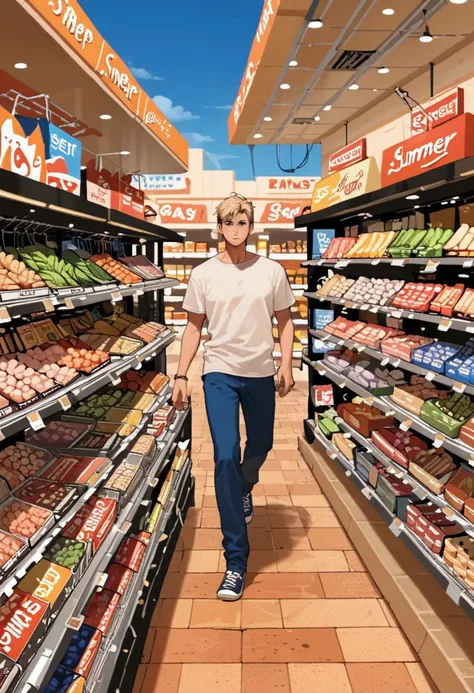 arafed image of a man walking down a grocery aisle