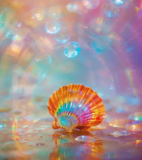 a close up of a shell on a beach with bubbles