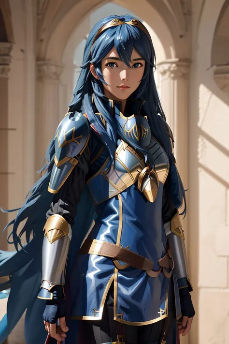 high resolution, masterpiece, high quality, perfect face, <lora:lucina-nvwls-v2:.8> Lucina, long blue hair, tiara, armor