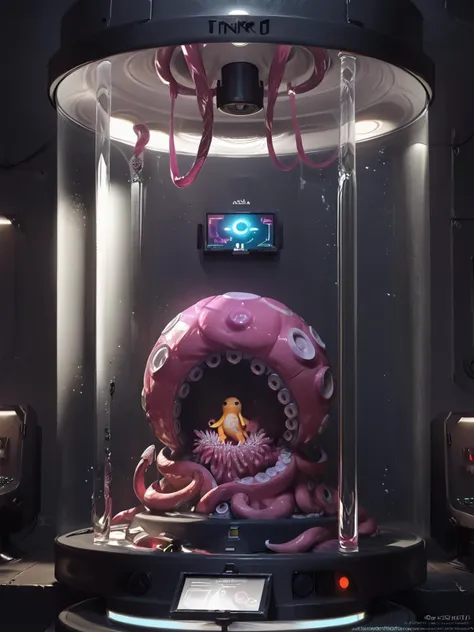 there is a pink octopus in a glass case with a tv