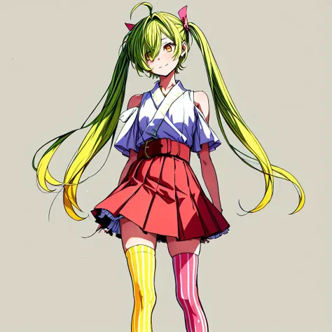 maiduru yokato,<lyco:maiduru yokato:0.8>,1girl, solo, thighhighs, green hair, skirt, ahoge, striped, arms behind back, detached sleeves, multicolored hair, striped thighhighs, yellow eyes, belt, vertical-striped thighhighs, leaning forward, white backgroun...