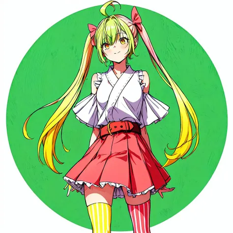 maiduru yokato,<lyco:maiduru yokato:0.8>,1girl, solo, thighhighs, green hair, skirt, ahoge, striped, arms behind back, detached sleeves, multicolored hair, striped thighhighs, yellow eyes, belt, vertical-striped thighhighs, leaning forward, white backgroun...