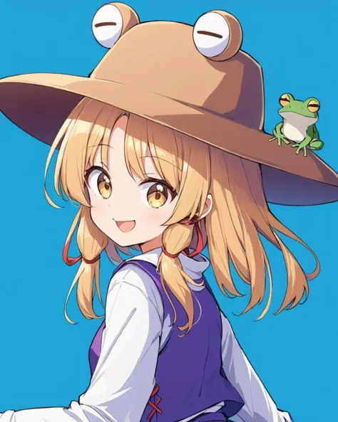 a woman in a hat with a frog on her shoulder