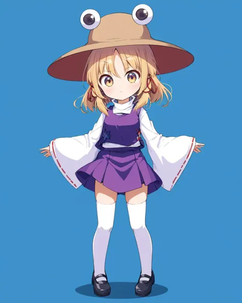 a girl in a purple dress and hat with big eyes